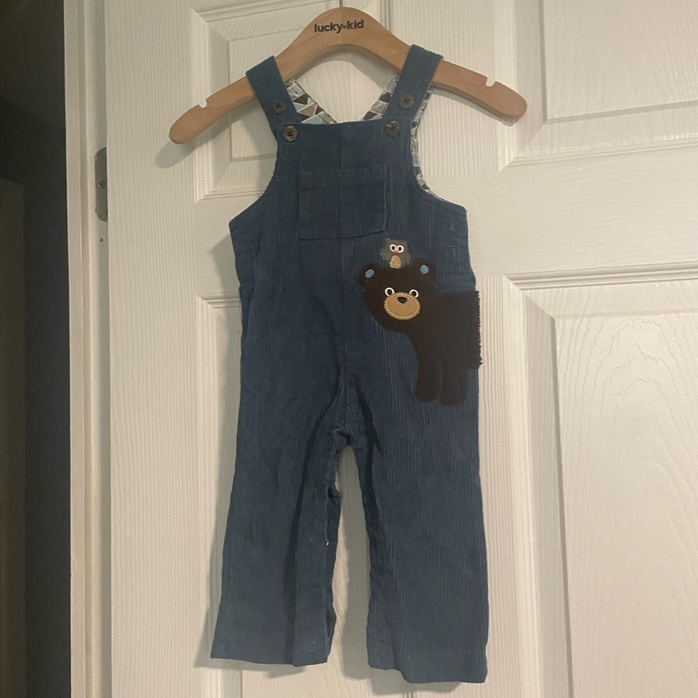 Mud Pie Blue Corduroy Overalls with Bear Appliqué